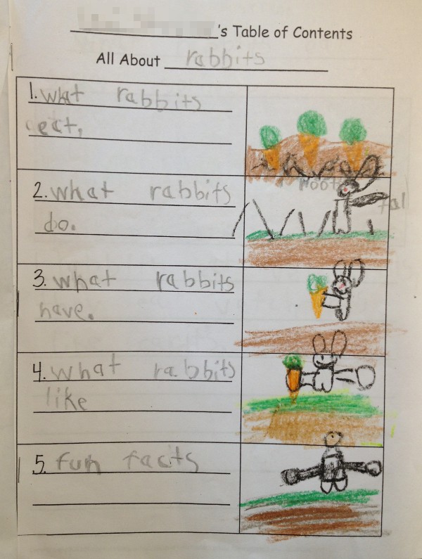 image of a kindergartener's story about rabbits, table of contents