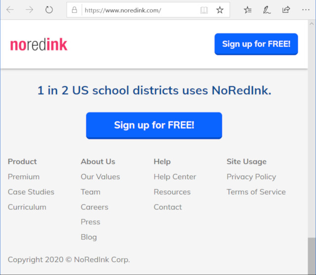 image of no red ink, the web page for noredink.com