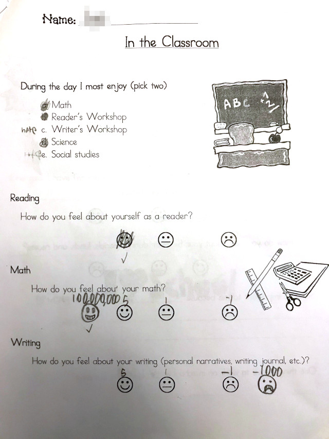 image of assessment sheet for fifth grade subject, showing smiley face for math but a frowny face for writing