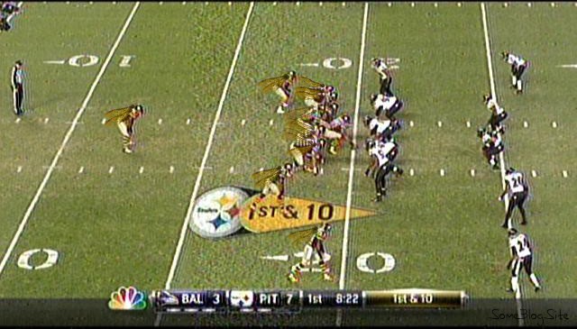 screen shot of the TV during the Pittsburgh Steelers game, with the players having wings on them to resemble bumblebees