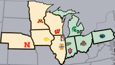 map of Big Ten teams using east and west for the division