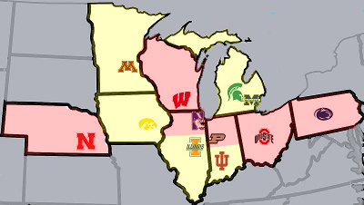 map of Big Ten teams using alphabetical order for the division
