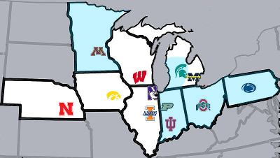 map of Big Ten teams using large and small enrollment for the division