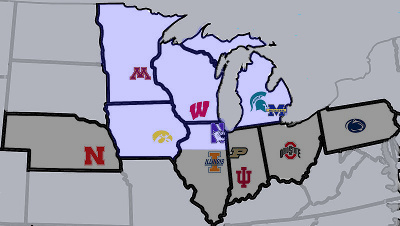 map of Big Ten teams using north and south for the division