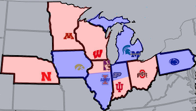 map of Big Ten teams using red and blue for the division