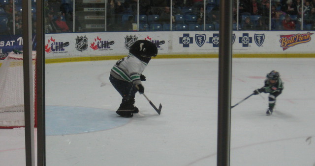 picture of a hockey kid taking a shot on goal against the mascot