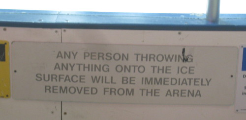 picture of a hockey rink sign saying not to throw anything