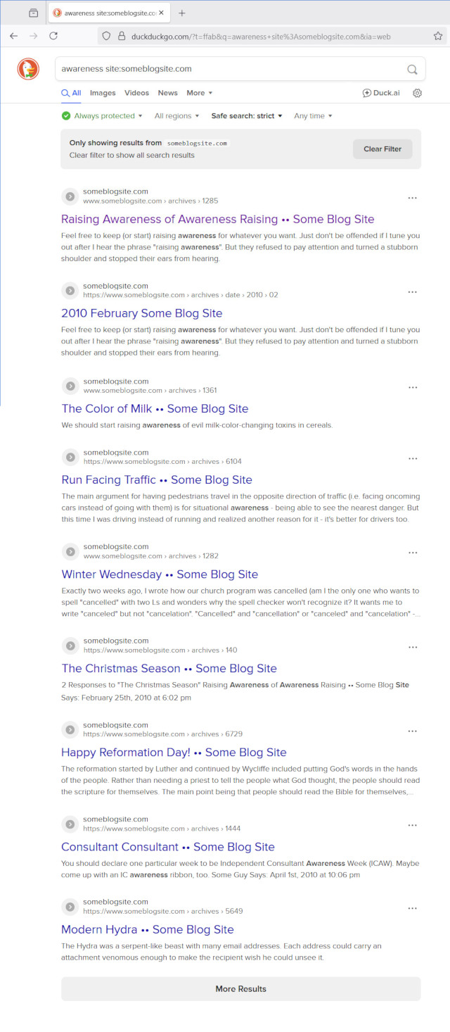 image of search results from Google for the term awareness on someblogsite.com