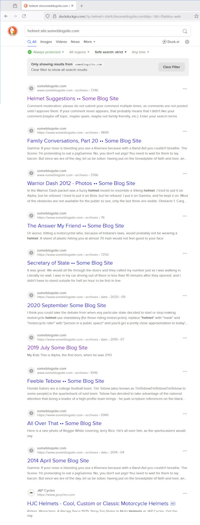 image of search results from Google for the term helmet on someblogsite.com