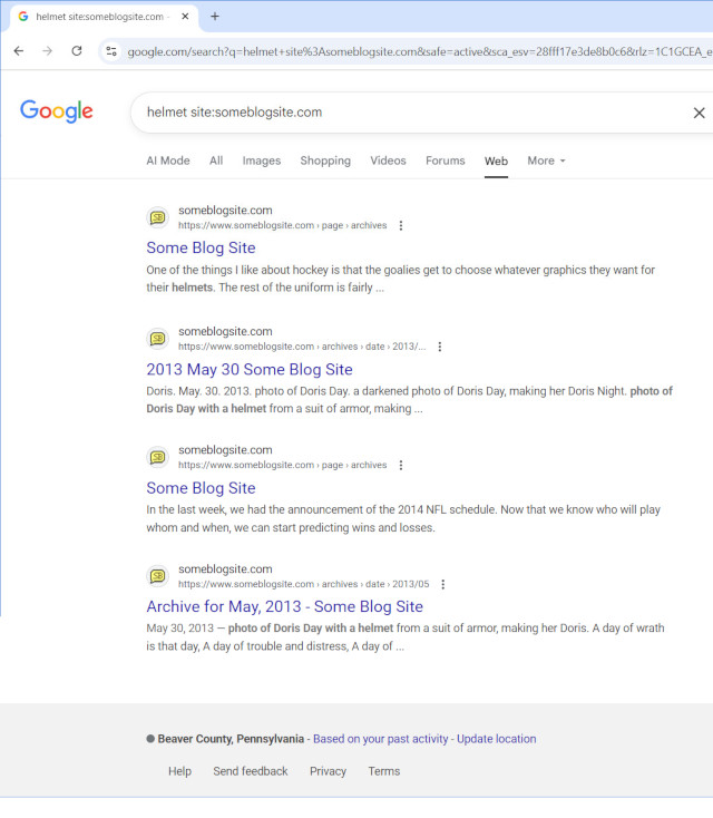 image of search results from Google for the term helmet on someblogsite.com