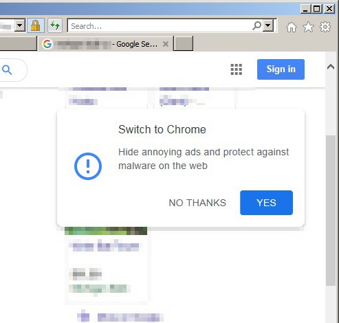 image of a pop-up asking me to switch to chrome browser