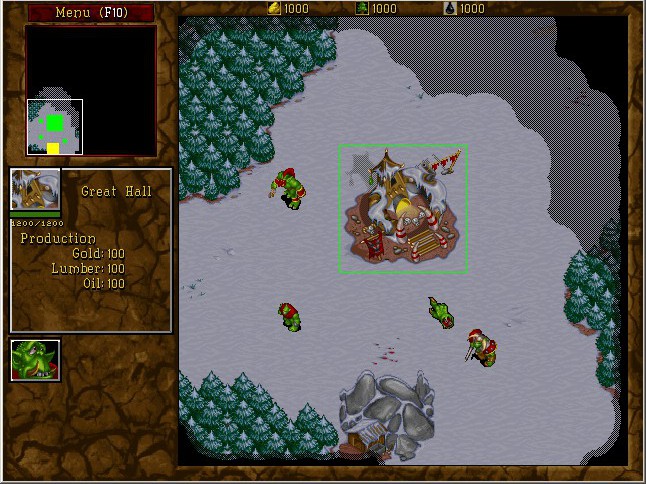 screenshot from Warcraft II: Tides of Darkness showing the start of the first level of the orc campaign