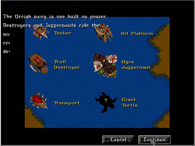 screenshot from Warcraft II: Tides of Darkness showing the orc vehicles