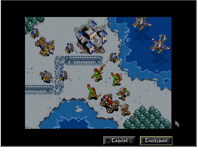 screenshot from Warcraft II: Tides of Darkness showing the orcs and humans battling