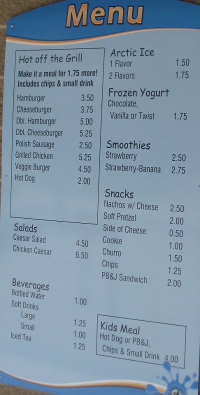 photo of the concession stand menu at Blue Heron Bay splash park at Independence Lake