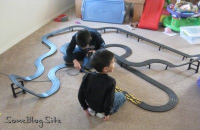 photo of setting up a slotcar racetrack