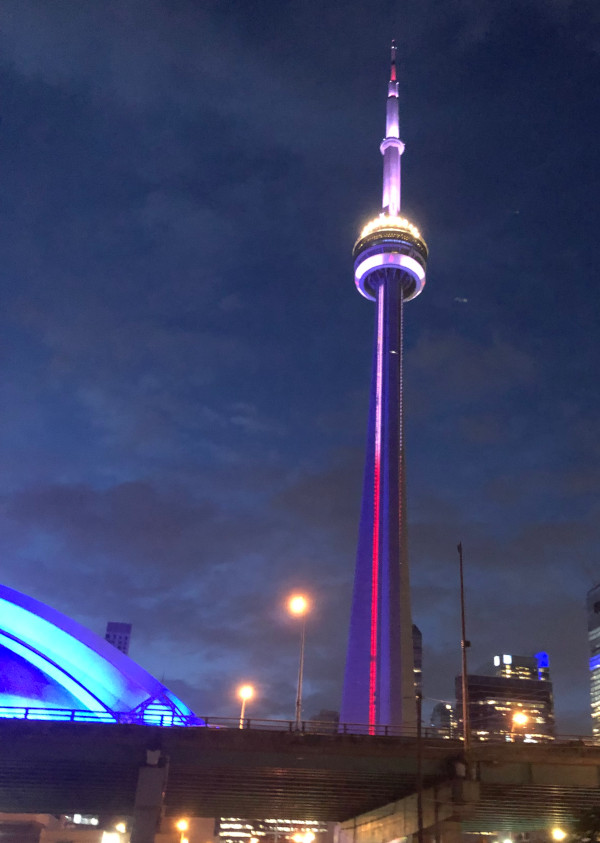 image of the CN Tower lit up at night