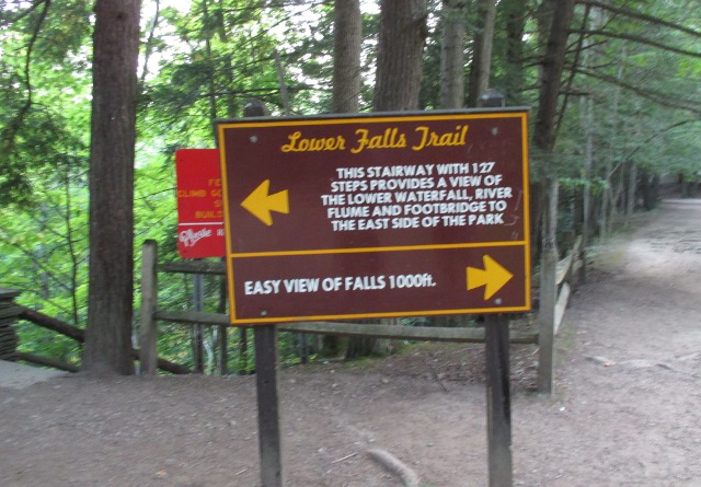 photo of a sign for the lower falls trail at Letchworth State Park in New York