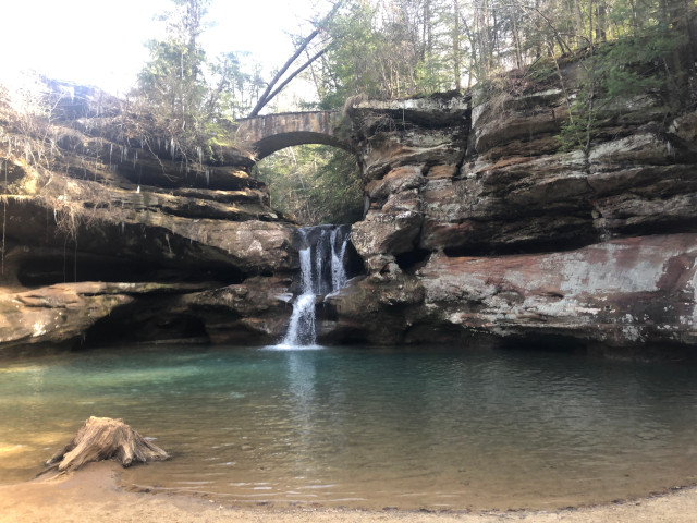 image of the upper falls at Old Man Cave hiking area in Hocking Hills Ohio