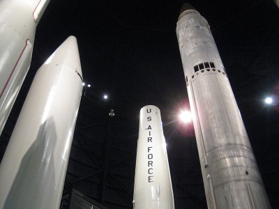 rocket displays inside the Wright-Patterson Air Force Museum