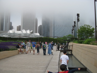 picture of the fog above the river walk park in downtown Chicago