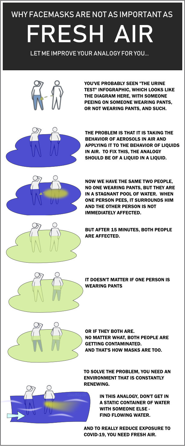 image of covid-19 mask analogy improvement - masks are not effective in stagnant air, you need fresh air just like a flowing river is cleaner than an unmoving pool of water