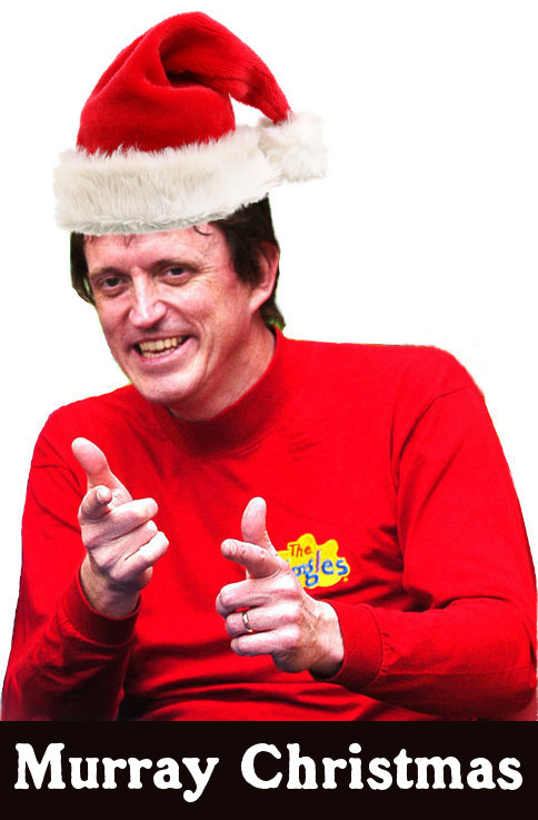 image of Murray Cook from the Wiggles, with a Christmas Santa hat, making him Murray Christmas