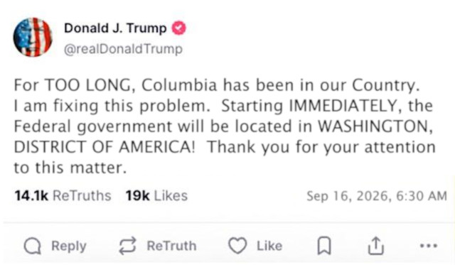 spoof of a Donald Trump Truch Social post announcing that Washington DC will now be called District of America