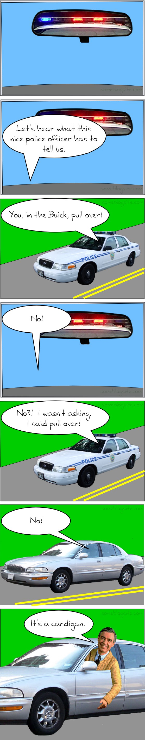 comic of a police officer trying to pull over Mr. Rogers
