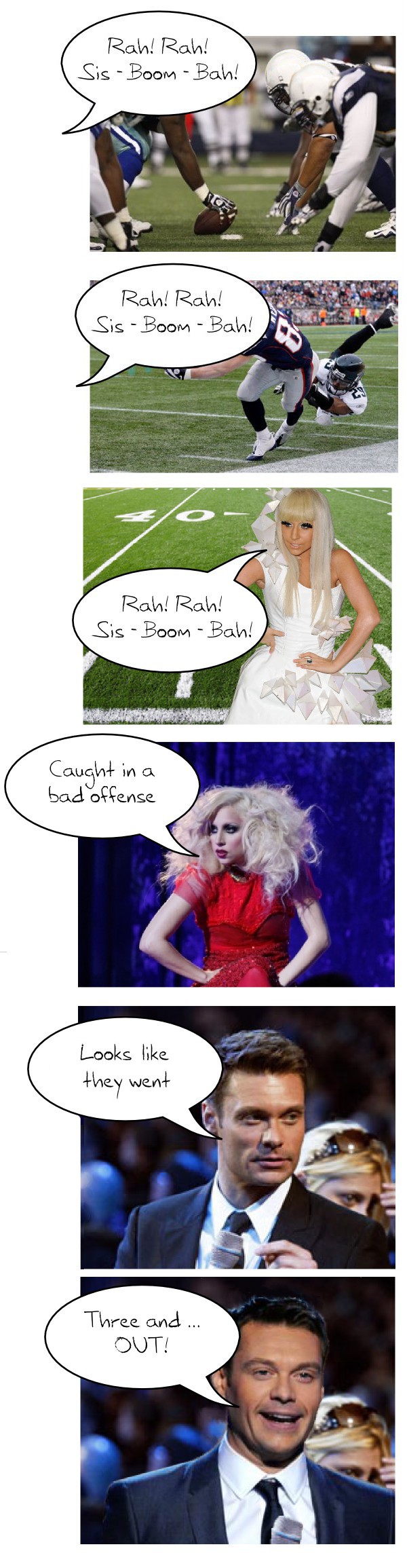 comic of Lady Gaga cheering for a football game, accompanied by Ryan Seacrest