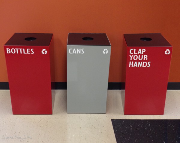 photo of recycling bins labelled bottles and cans and clap your hands, spoof of two turntables and a microphone (where it's at)