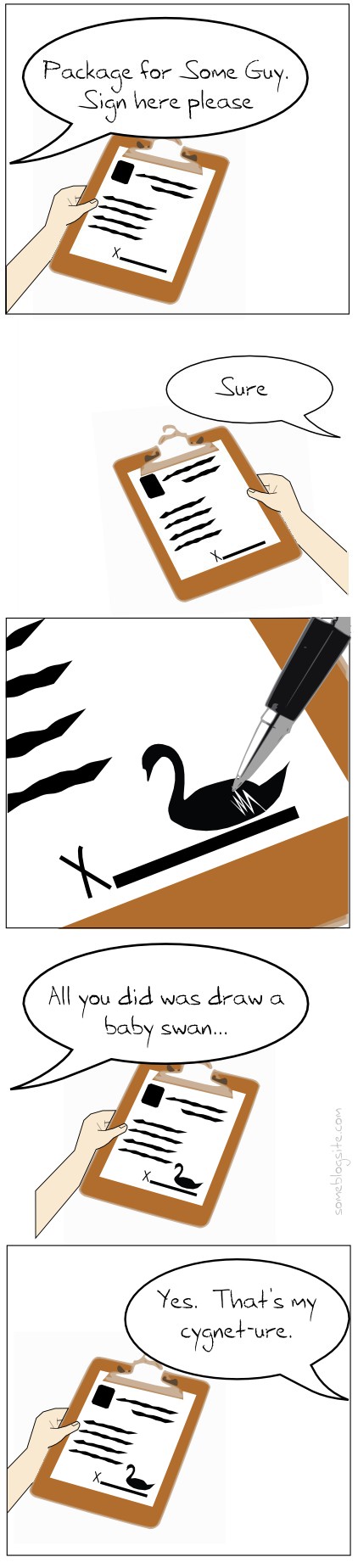 comic about signing your name by drawing a baby swan as a cygneture