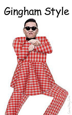 Oppa Gingham Style - Psy wearing a red-checkered gingham suit, not quite a dress