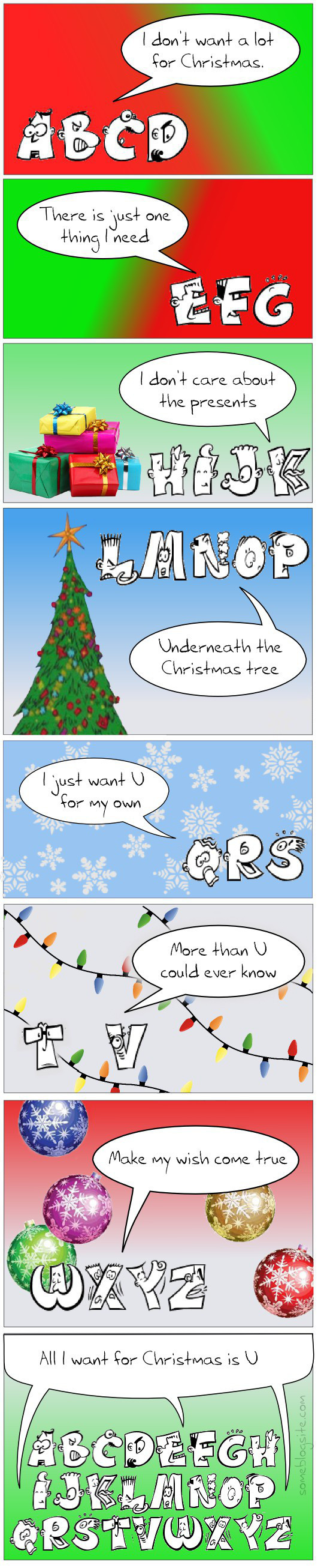 comic of an alphabet singing Mariah Carey's 'All I Want for Christmas is You' but with the letter U instead of the word you