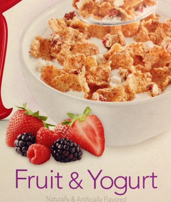 close photo of the front of a cereal box of Special K with fruit and yogurt, enlarged to show detail