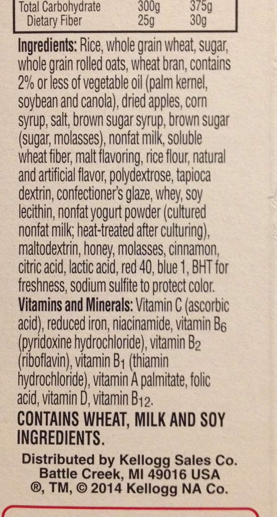 photo of the ingredients list of a cereal box of Special K with fruit and yogurt
