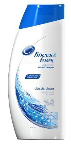 photo of a bottle of Head and Shoulders shampoo redone to look like Knees and Toes shampoo