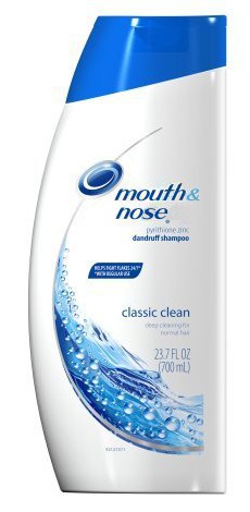 photo of a bottle of Head and Shoulders shampoo redone to look like Mouth and Nose shampoo