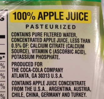 photo of the ingredients list of a box of apple juice labelled as '100% juice'