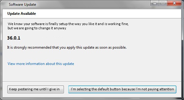 image of what a software update notice should look like, select the default button because I'm not paying attention