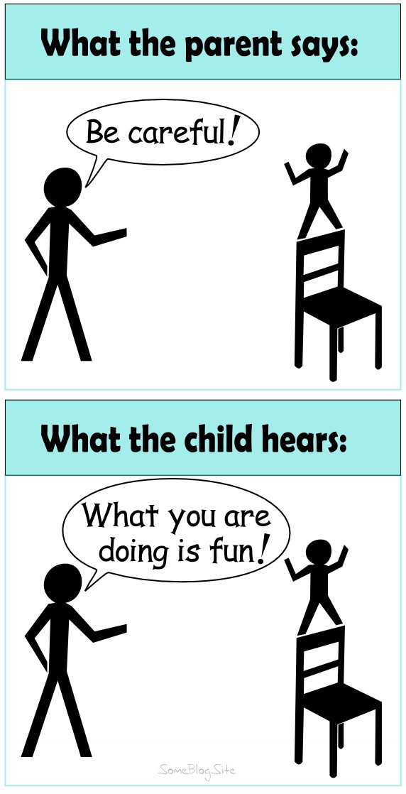 image of a parent saying be careful and the child hearing what you are doing is fun