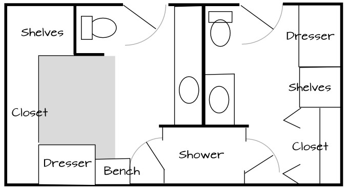 image of a floor plan for a his-and-hers master bathroom with walk-in closets