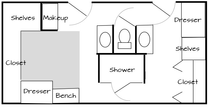 image of a floor plan for a his-and-hers master bathroom with walk-in closets