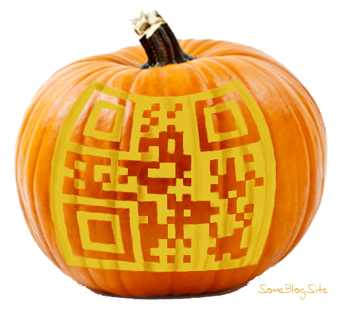 pumpkin jack-o-lantern with a QR code cut into it