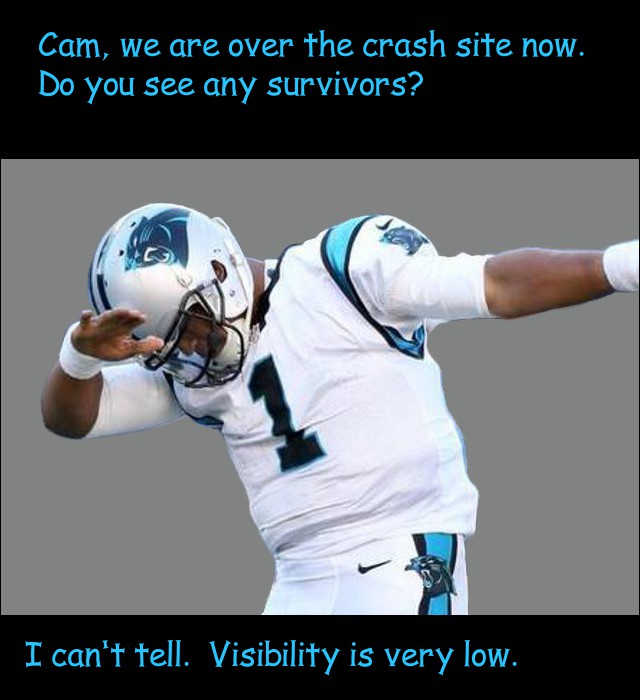 image of Cam Newton looking for a crash survivor from a plane