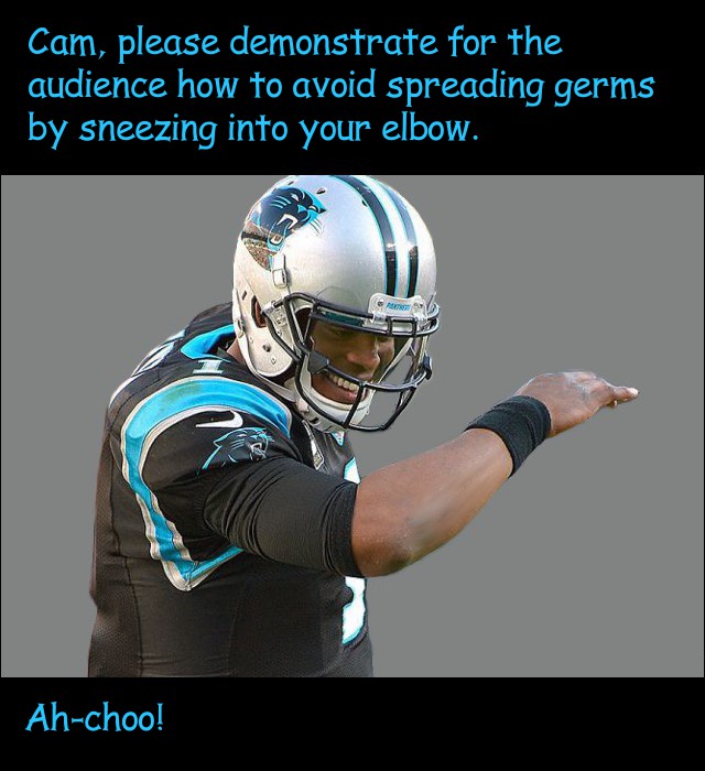 image of Cam Newton showing how to cough or sneeze into an elbow