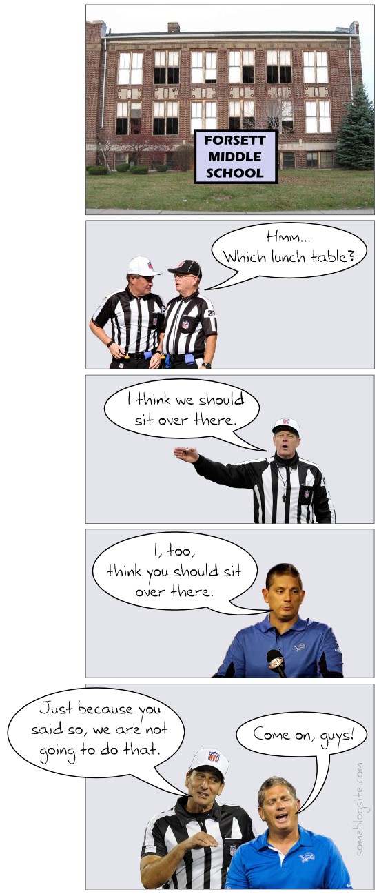 comic of NFL refs changing their minds about something because Jim Schwartz also wanted them to do it