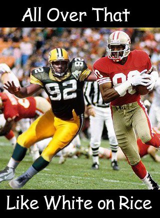 image of Reggie White covering Jerry Rice - the football version of White on Rice