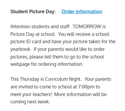 image of school picture day announcement
