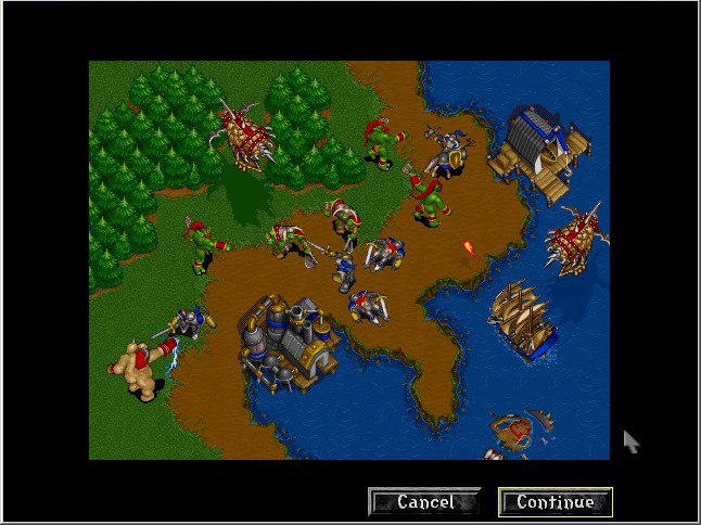 screenshot from Warcraft II: Tides of Darkness showing the orcs and humans battling